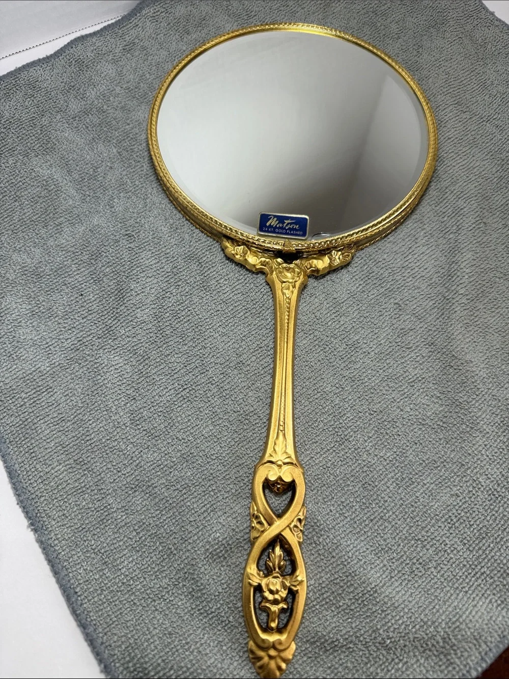 Vintage Matson 24K Gold Flashed Ornate Hand Mirror Hollywood Regency